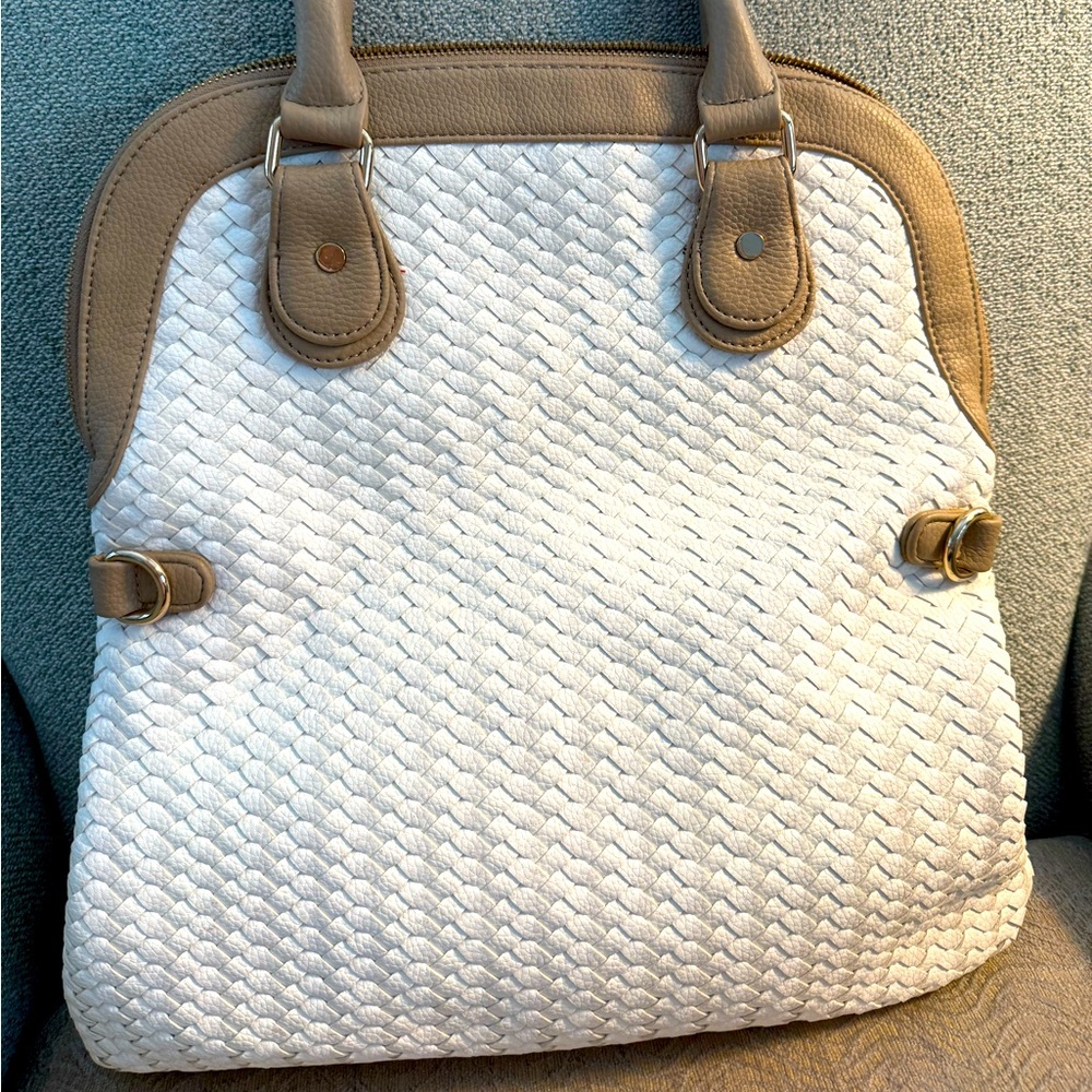 Deux Lux White and Tan Woven Tote. Great Condition!  Special $39